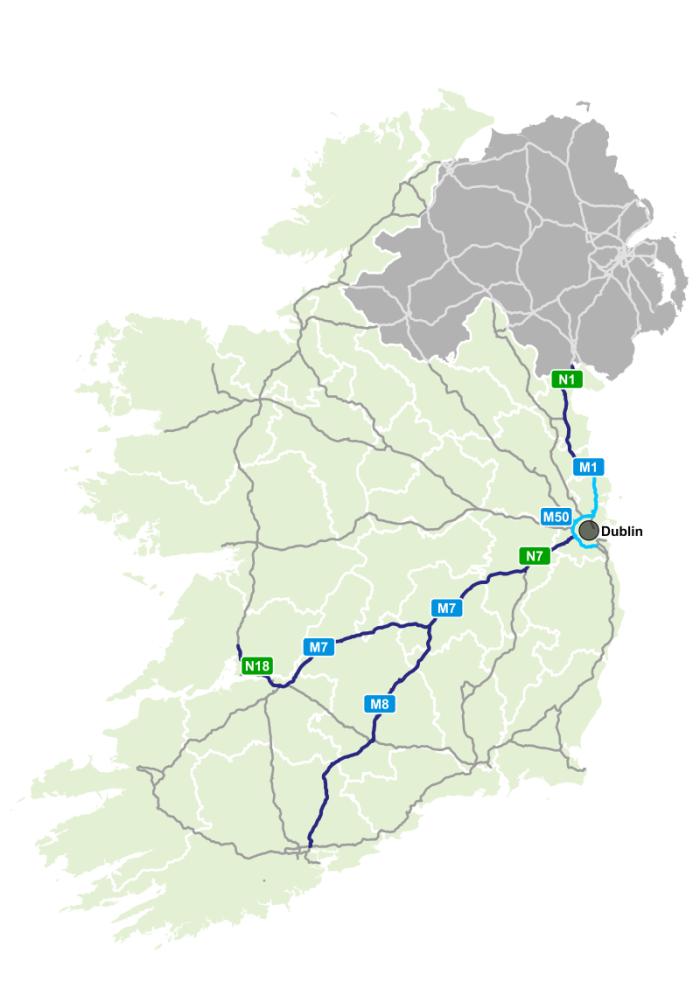 Image of the four sections of the C-ITS pilot route.