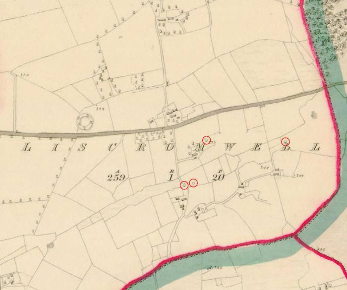 Extract from the first-edition Ordnance Survey six-inch map showing a number of limekilns in Liscromwell, Co. Mayo