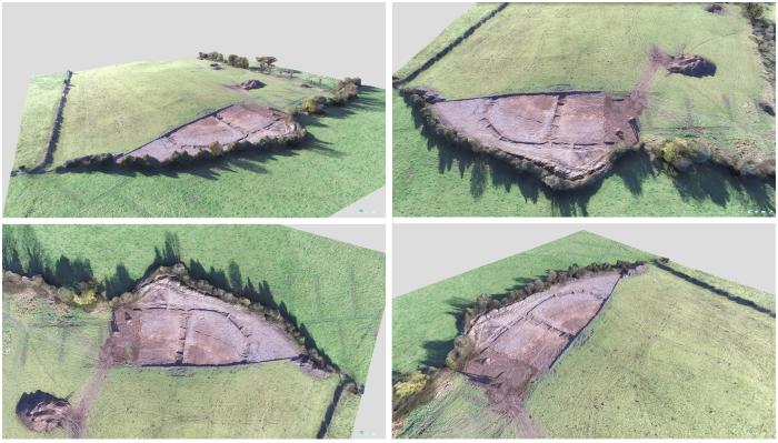 Geophysical survey results showing the field system around the central ditched enclosure (WM013-095) south of the new N52 Cloghan–Billistown road (Target Archaeological Geophysics). Top: Greyscale image overlying 2020 aerial photograph (Google, © 2021 CNES/Airbus) and depicting the extent of the road corridor. Bottom: Interpretation image showing the excavated area within the road corridor.