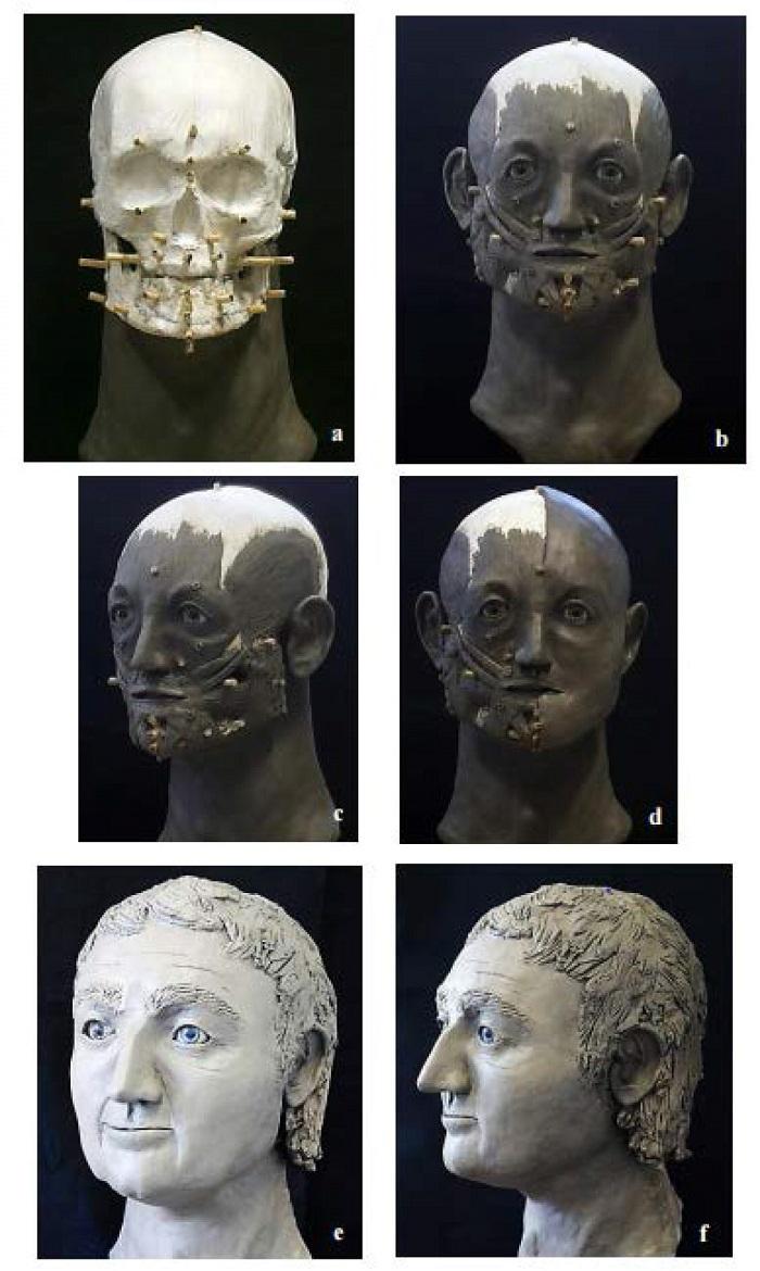 Plaster cast of the skull of skeleton 23, with pegged soft tissue depths (a); the completed rendering of the individual’s anatomical structures (b and c); the beginning of the skinning process (d); and the final reconstruction of the male burial from Owenbristy (e and f). Image: Katherine Beatty.