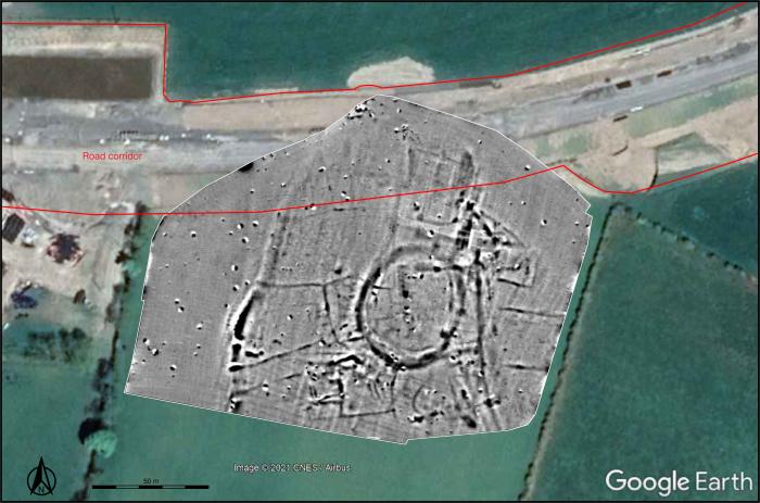 Geophysical survey results showing the field system around the central ditched enclosure (WM013-095) south of the new N52 Cloghan–Billistown road (Target Archaeological Geophysics). Top: Greyscale image overlying 2020 aerial photograph (Google, © 2021 CNES/Airbus) and depicting the extent of the road corridor. Bottom: Interpretation image showing the excavated area within the road corridor.