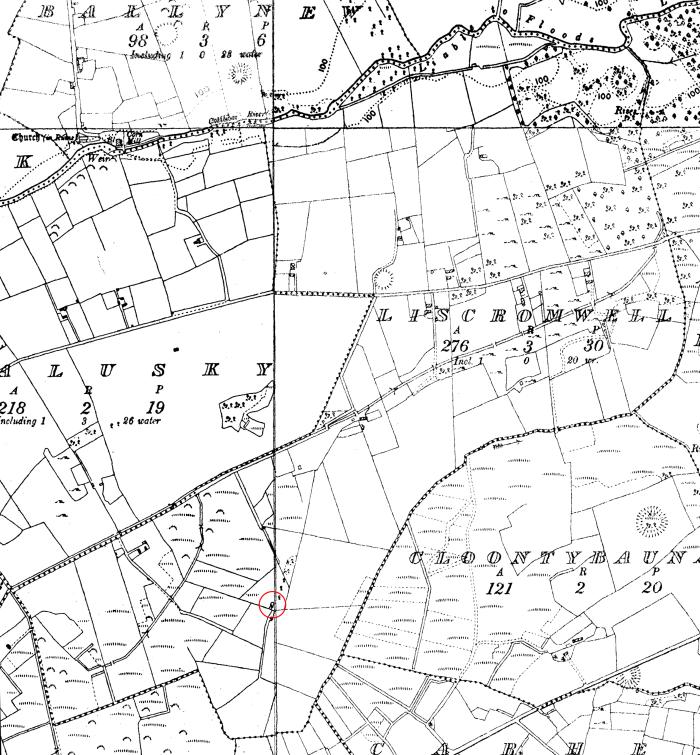 Extract from the 1940–50 edition of the OS six-inch map showing the location of the limekiln excavated in Liscromwell (circled in red). Note the absence of the kilns to the north-east, by the townland name, originally depicted on the first-edition map (Reproduced with the permission of the Government of Ireland and Ordnance Survey Ireland under permit number EN0045216).
